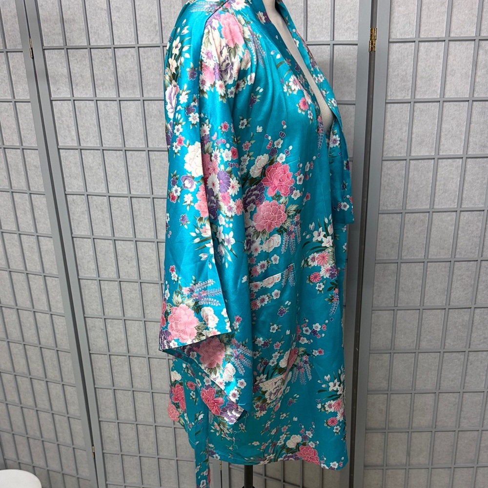 Source Unknown Teal and Pink Floral Satin Robe - Picture 3 of 7